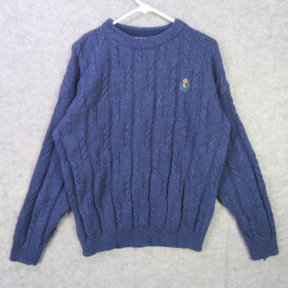 Vintage Chaps Ralph Lauren Sweater Mens Large Blue Cable Knit Pullover Crest 90s - Picture 1 of 9